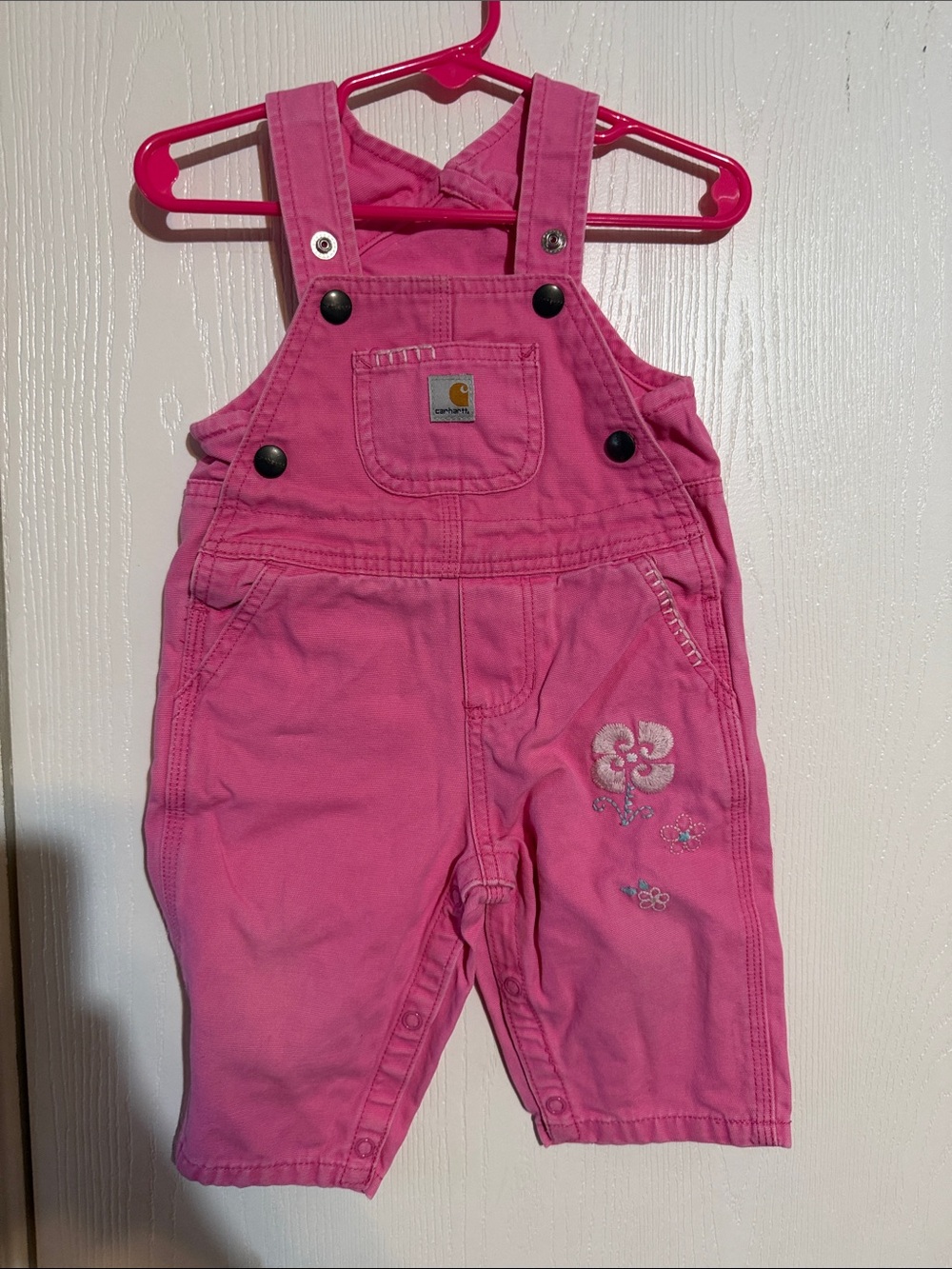 Carhartt Pink Girls' Cotton Overalls with Floral Embroidery
